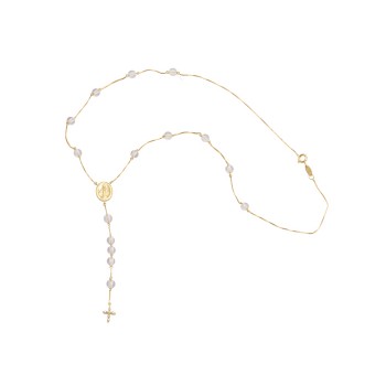 Terço composto por cristais e cruz cravejada com diamantes 